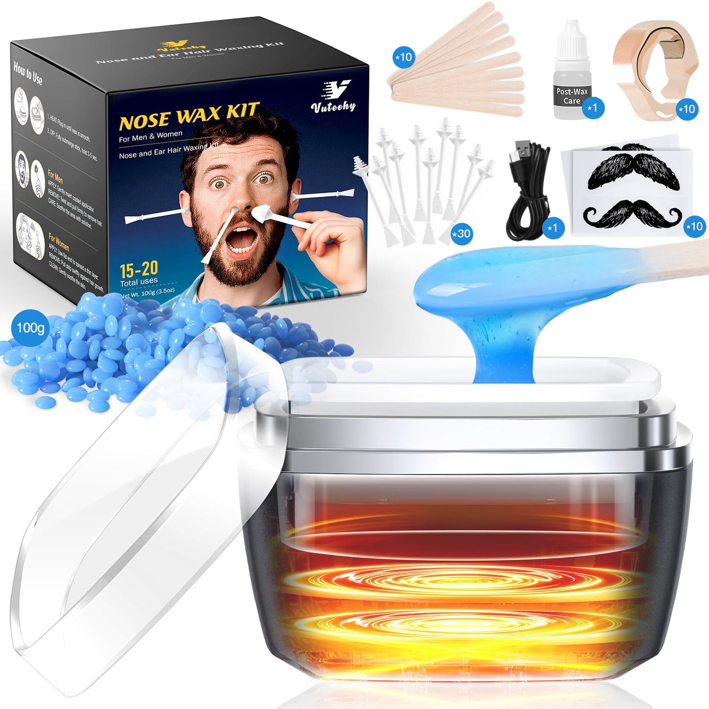 Vuteehy Nose Wax Kit Men, Nose Ear Hair Removal Kit for Men Women, 40 Sticks, 100g Wax, USB Fast Heat, Smart Constant Temp, Painless Hair Removal Beauty and Personal Care Vuteehy