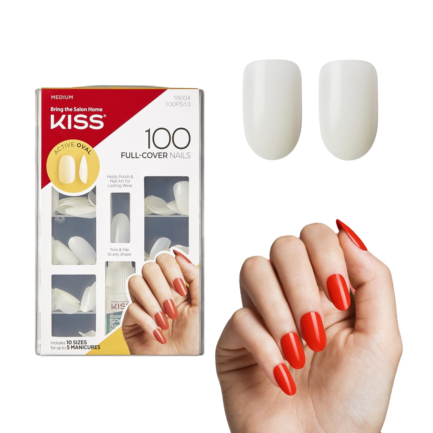 KISS 100 Full-Cover Nails, Press-On Nails, Nail glue included, 'Active Oval' Shape, Clear, Medium Size, Oval Shape, Includes 100 Nails, 3g Maximum Beauty & Personal Care KISS