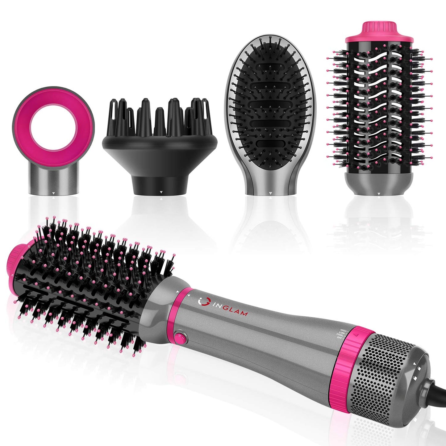IG INGLAM 4 in 1 Blowout Brush, Negative Ion Detachable Hair Dryer & Styler Volumizer Hot Air Brush with 2 Styling Brush Heads, Silver Beauty & Personal Care IG INGLAM