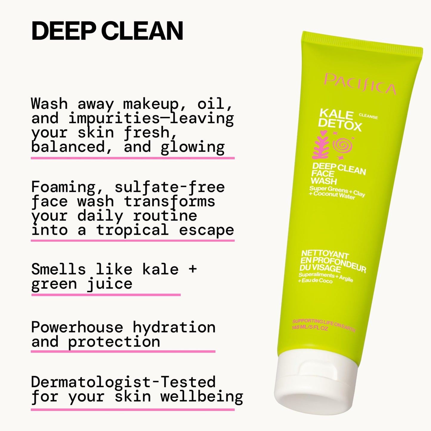 Pacifica Kale Detox Face Wash for Oily & Acne-Prone Skin, Deep Cleansing Facial Cleanser & Makeup Remover with Super Greens Kale, Seaweed & Clay, 5 fl Beauty & Personal Care Pacifica