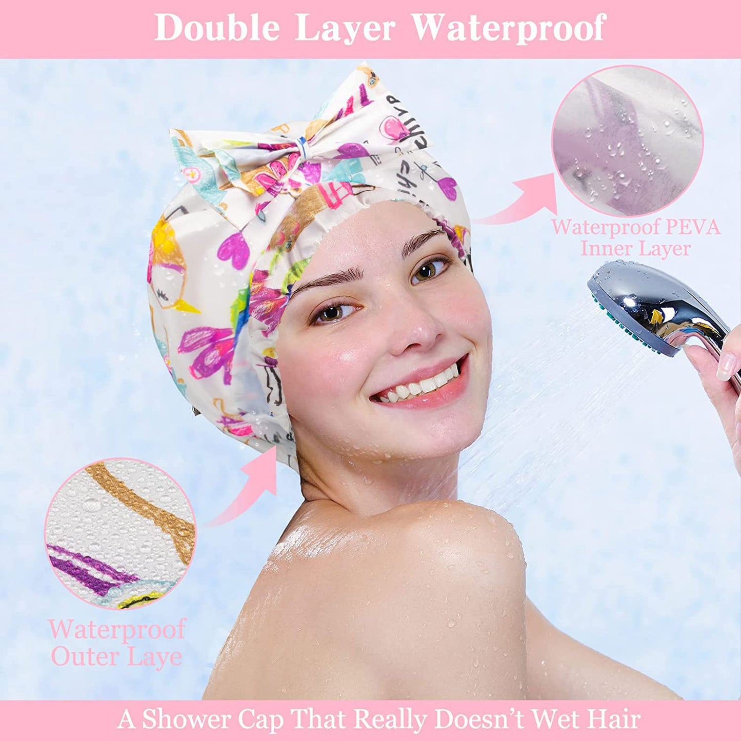 2 PCS Shower Caps, Reusable & Extra Large & Adjustable & Double Layer Waterproof Bow Knot Hair Reusable Cap for Women, Waterproof Outer & EVA Lining Beauty and Personal Care WINSTECK