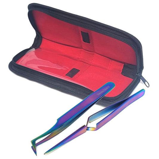 SET OF 2 Stainless Steel Multi Titanium Rainbow Color 3D Eyelash Extension Tweezers A type angled + X type Self Retracting Fine Point (A2Z) Beauty and Personal Care A2Z SCILAB
