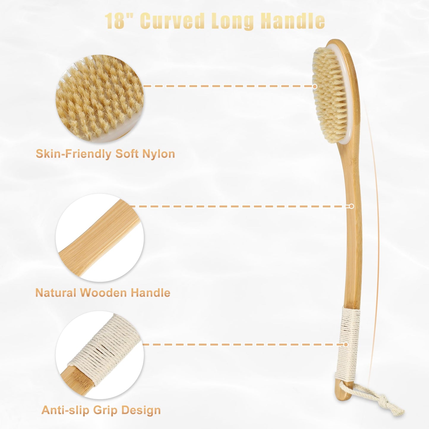 VOCOSTE Boar Bristle Dry Brushing Body Brush, 18inch Bath Brush Curved Long Handle for Shower, Wooden Body Brush for Showering and Exfoliating, Body Beauty and Personal Care VOCOSTE