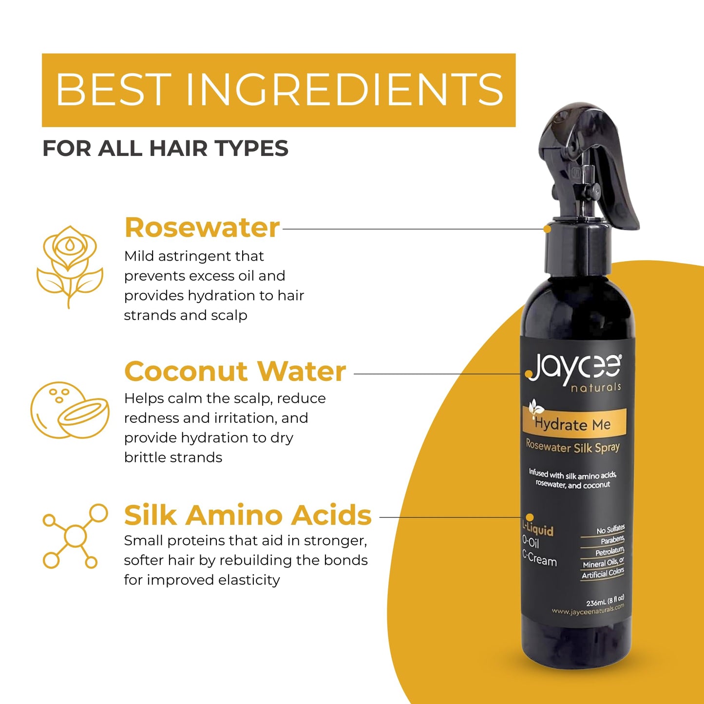 Jaycee Naturals Hydrate Me Rosewater Silk Spray with Silk Amino Acids and Coconut Water To Refresh and Revive All Hair Textures and Styles, Light Beauty & Personal Care Jaycee Naturals