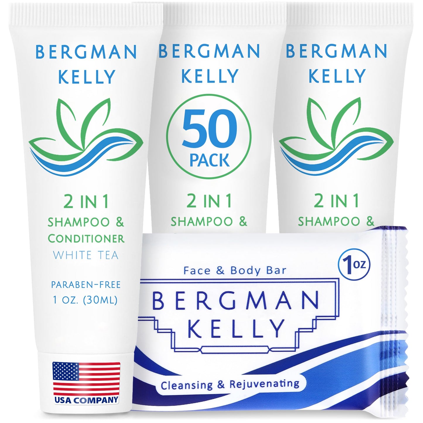 BERGMAN KELLY Rectangle Soap Bars, 2in1 Shampoo & Conditioner 2-Piece Set (White Tea, 1 oz each, 100 pc), Delight Your Guests with Revitalizing Beauty & Personal Care BERGMAN KELLY