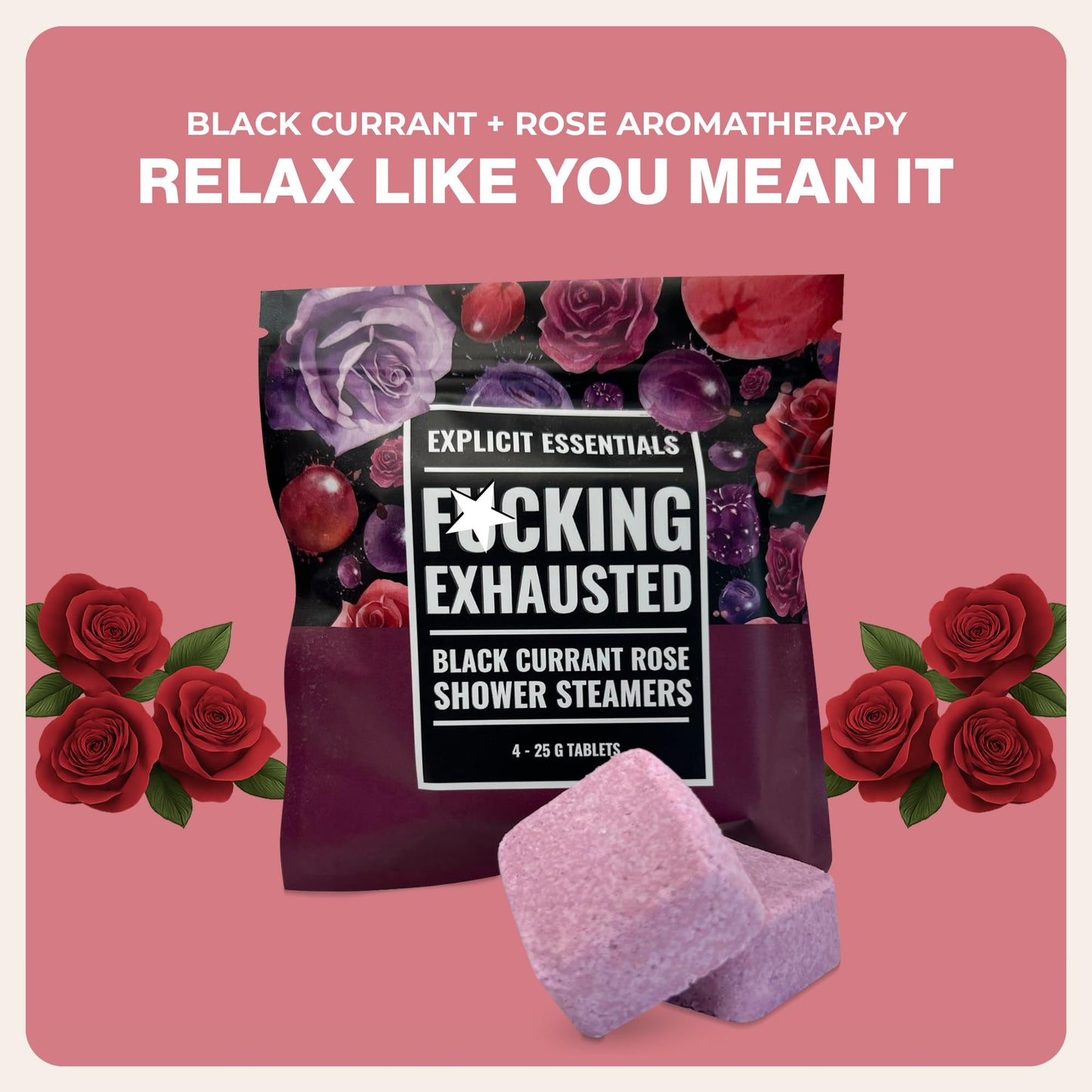 Explicit Essentials F Exhausted Shower Steamers - Black Currant Rose Aromatherapy Shower Steamer Tablets for Relaxation & Stress Relief - Spa Shower Beauty and Personal Care Explicit Essentials