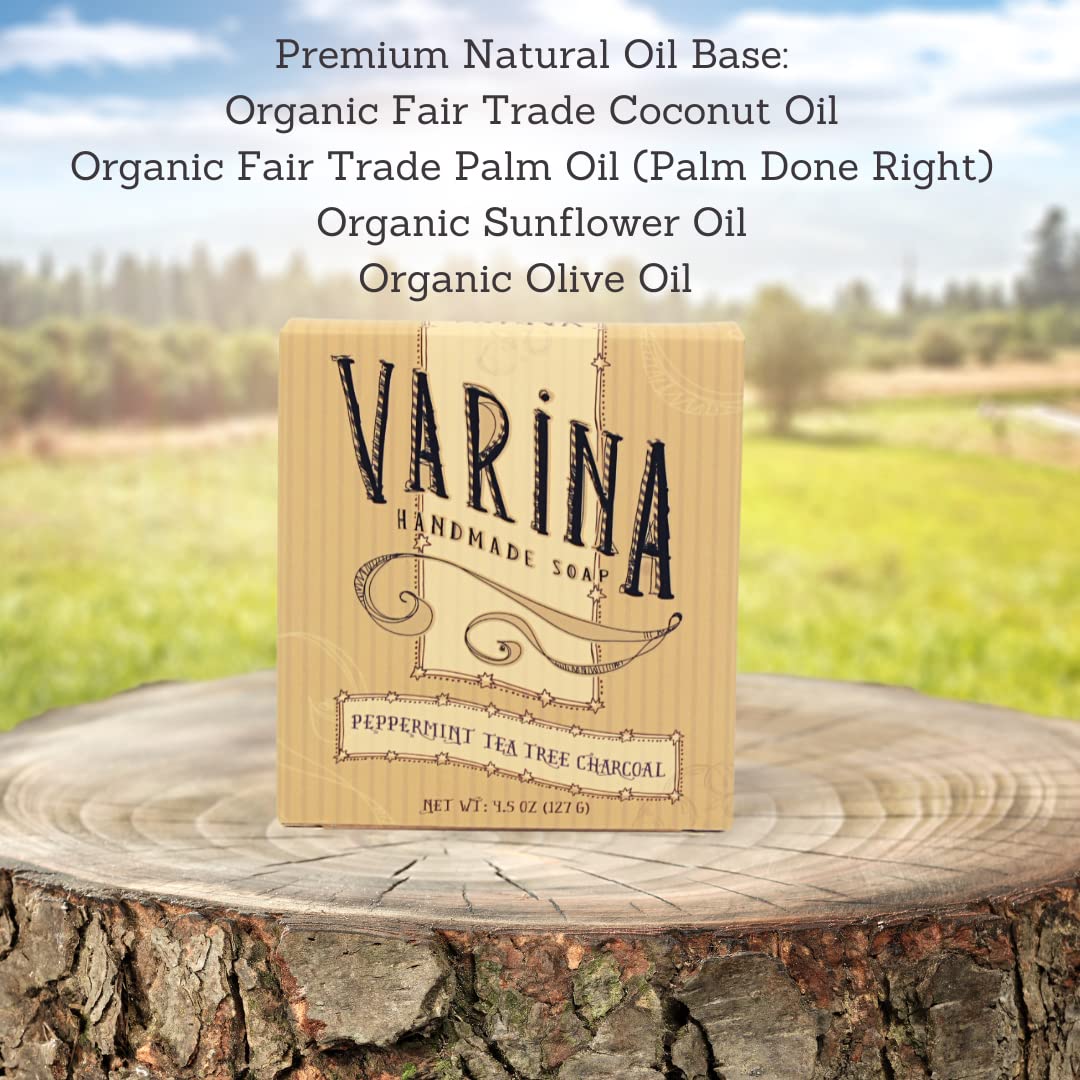 Varina Organic Peppermint Tea Tree Activated Charcoal Bar Soap - Gentle Cleansing for Sensitive Skin, Herbal and Mint - 3 Pack - Experience Healthy Beauty & Personal Care Varina