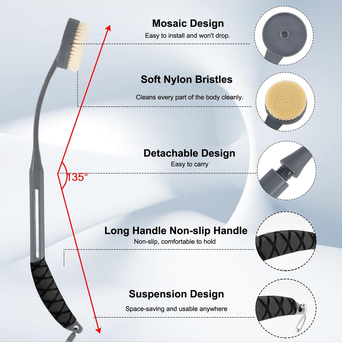 Gobiteli Back Scrubber for Shower,20.5" Long Handle Shower Brush for Body for Deep Clean,Back Brush for Shower for Men Women(Grey) Beauty and Personal Care Gobiteli