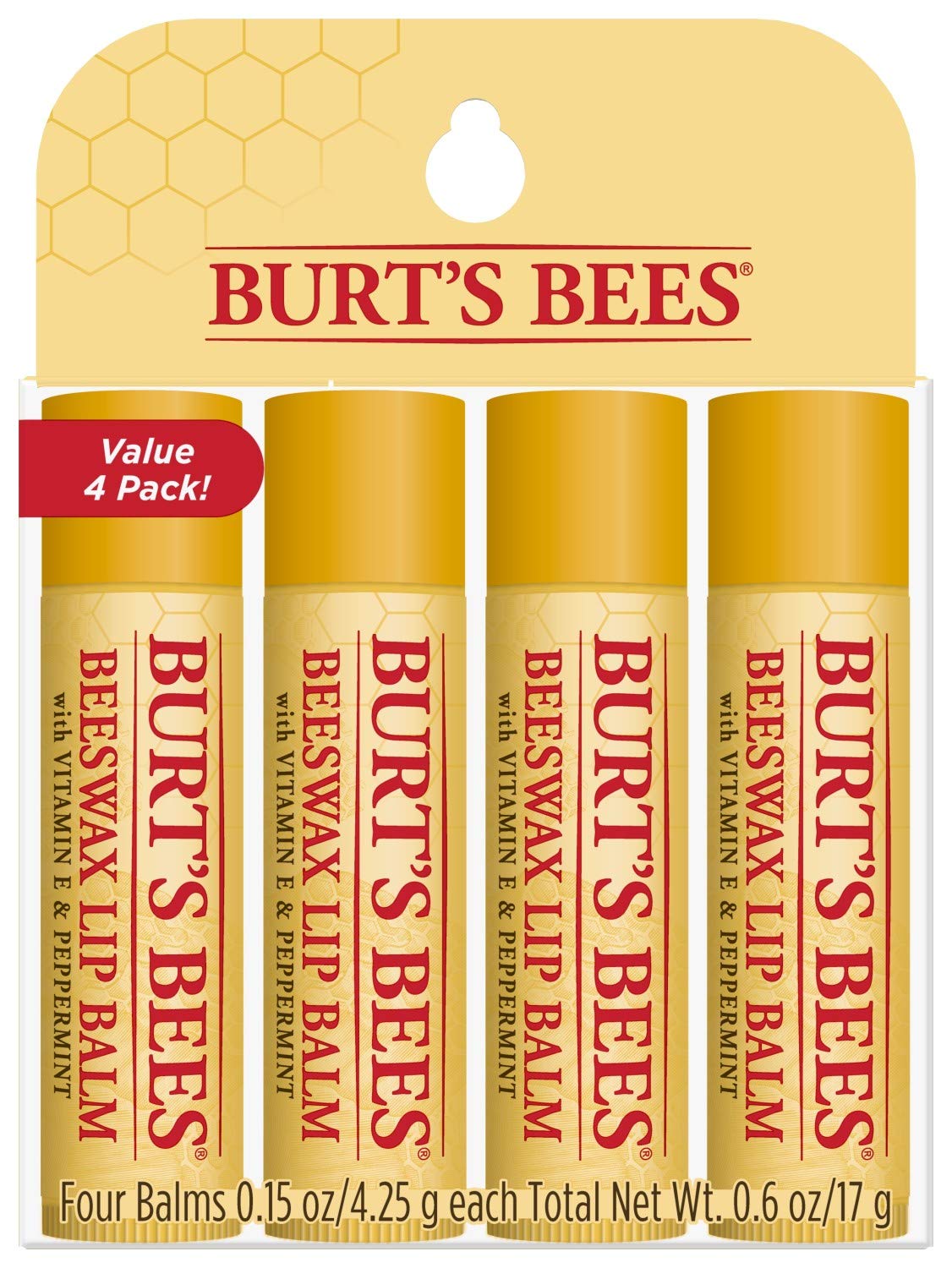 Burt's Bees Lip Balm Stocking Stuffers, Moisturizing Lip Care Holiday Gift, 100% Natural, Original Beeswax with Vitamin E & Peppermint Oil (4 Pack) Beauty and Personal Care Burt's Bees