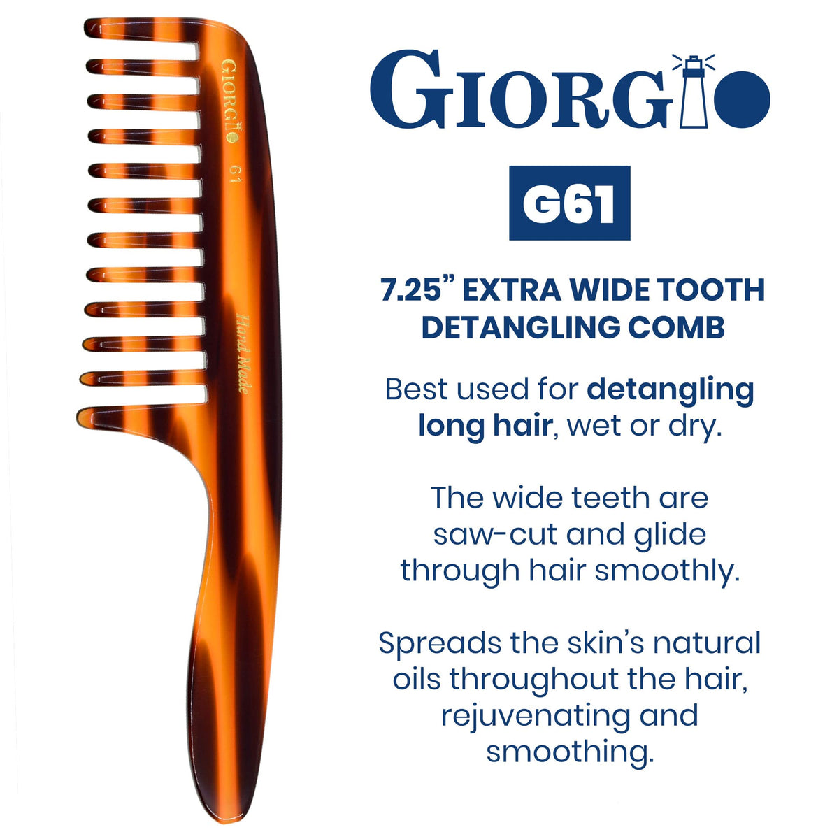 Giorgio G61 Extra Wide Tooth Detangler Comb - Large Teeth for Long, Thick, Wavy or Curly Hair. Handmade Saw-Cut and Hand Polished for Dry or Wet Use