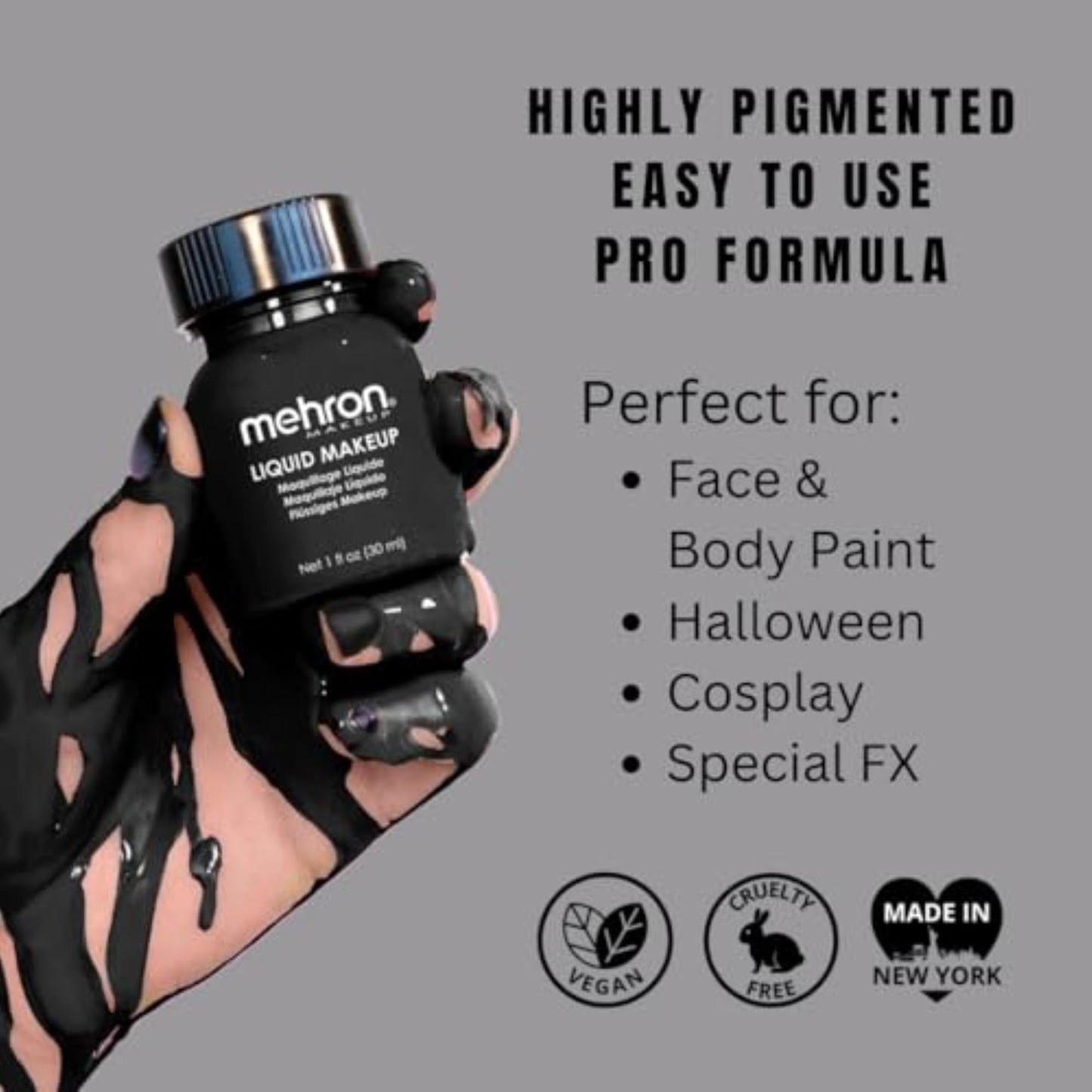 Mehron Makeup Liquid Makeup | Face Paint and Body Paint Perfect for Halloween, Cosplay I Air Brush Compatible (1 oz) (BLACK) Beauty & Personal Care Mehron