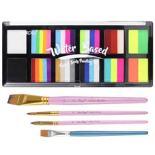 Water Activated Face Paint, Highly Pigmented Facepaint Makeup Kit, Quick-Drying Body Paint for Adults, Split Cake Face Paint with 4 Paint Brushes Beauty & Personal Care BRIMFULITE