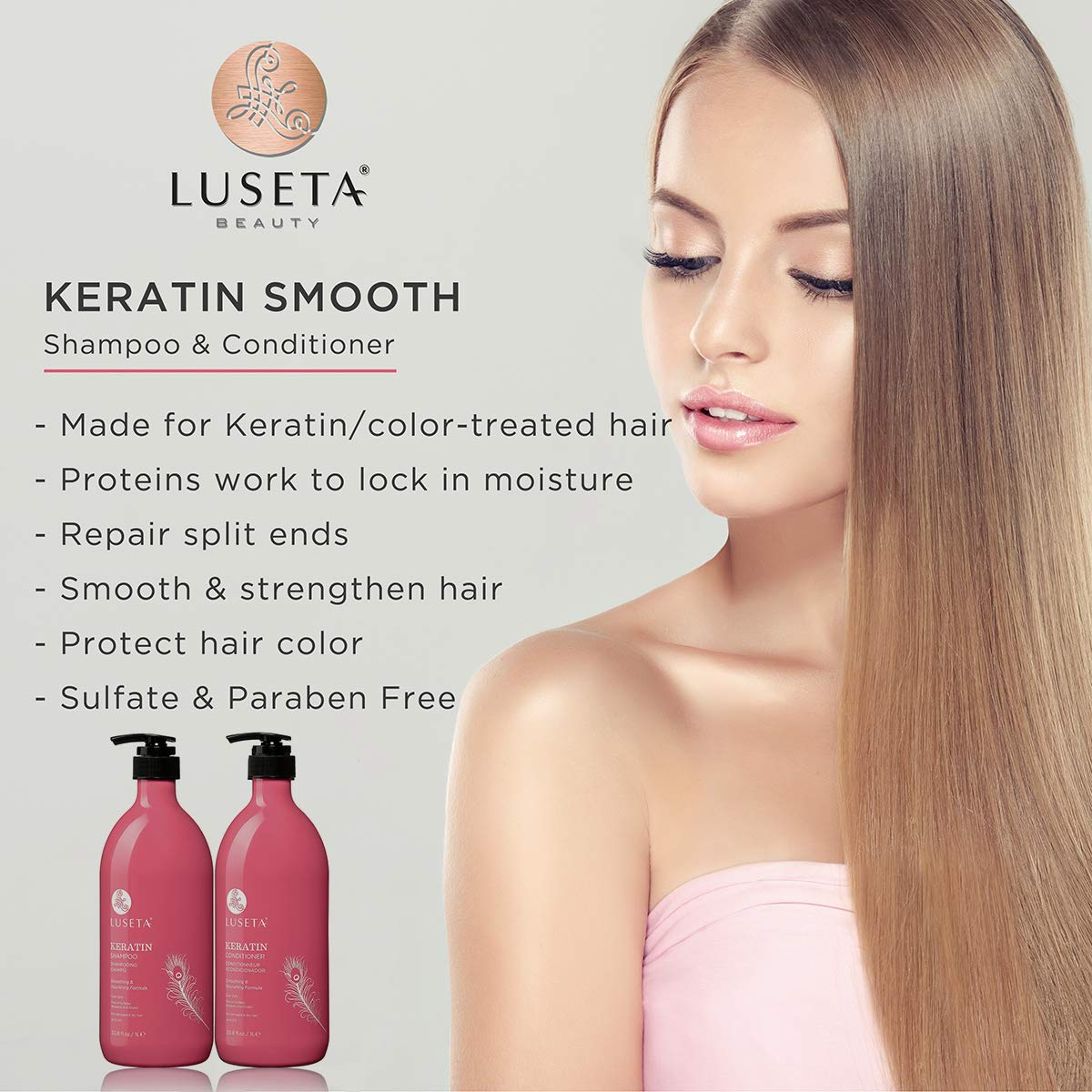 Lseta Keratin Shampoo and Conditioner Set 33.8oz*2 - Reduce Breakage & Frizz Control Set with Quinoa Protein & Sunflower Seed Oil - Strengthens Beauty & Personal Care L LUSETA
