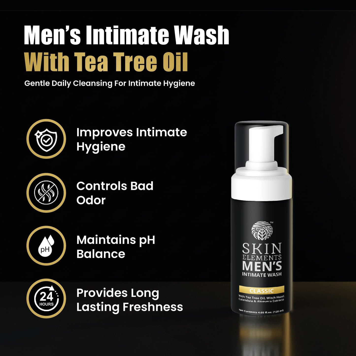 Skin Elements Intimate Wash for Men | pH Balanced Foaming Wash with Tea Tree Oil & Aloe Vera | Soothes, Refreshes & Maintains Hygiene | 4.05 fl. oz. | Beauty & Personal Care Skin Elements