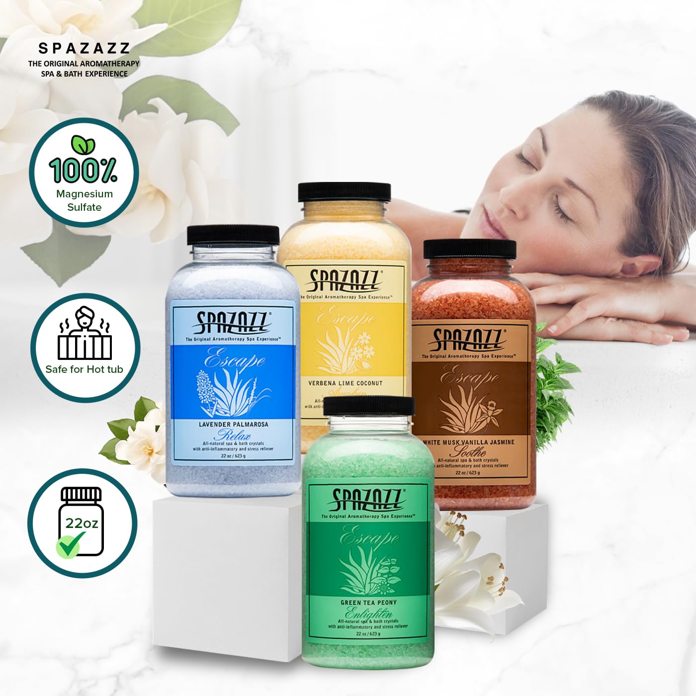 Hot Tub & Spa Bath Salt Aromatherapy Crystals Gift Set - Spazazz Escape Collection Bundle 4-Pack (22oz Each) - Lavender Palmarosa, Verbena Lime Beauty and Personal Care Spazazz