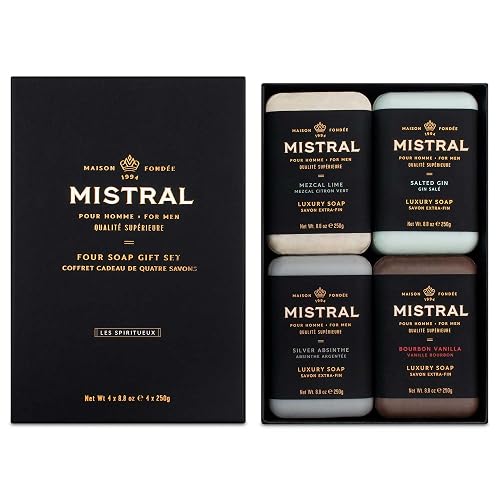 Mistral Men’s Luxury Bar Soap for Men | Gift Set (4 x 8.8 oz) - Mezcal Lime, Salted Gin, Silver Absinthe, Bourbon Vanilla | Moisturizing Beauty & Personal Care Mistral