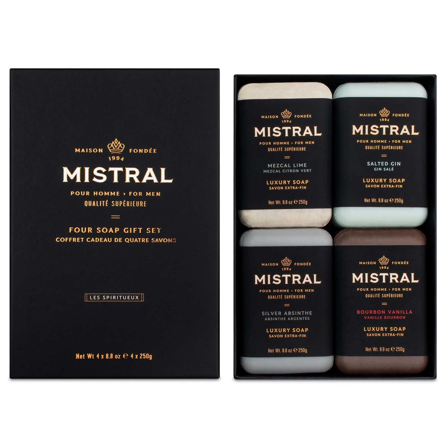 Mistral Men’s Luxury Bar Soap for Men | Gift Set (4 x 8.8 oz) - Mezcal Lime, Salted Gin, Silver Absinthe, Bourbon Vanilla | Moisturizing Beauty & Personal Care Mistral