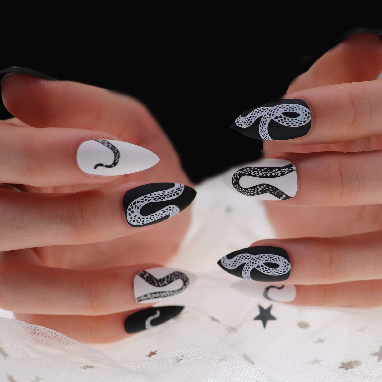 MISUD Press on Nails - Medium Stiletto Glue on Nails with Goth Snake, Acrylic Gothic Black White Design 24 pcs Beauty & Personal Care MISUD