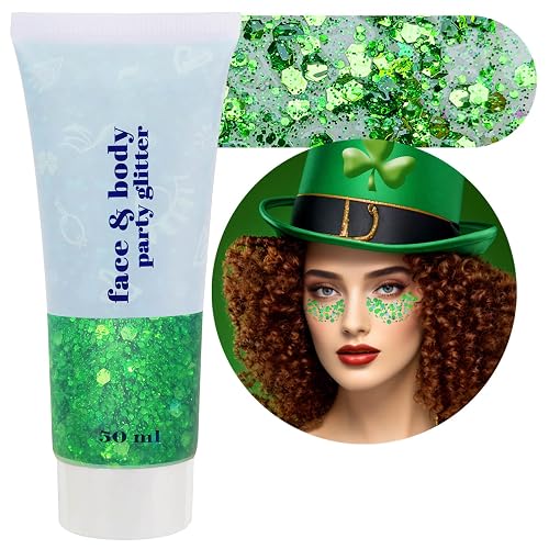 Green Body Glitter Gel,Festival Rave St Patricks Day Accessories Face Glitter for Face Body Hair,Alien Paint for Women Chunky Glitter Gel,Holographic Beauty & Personal Care faglowmify