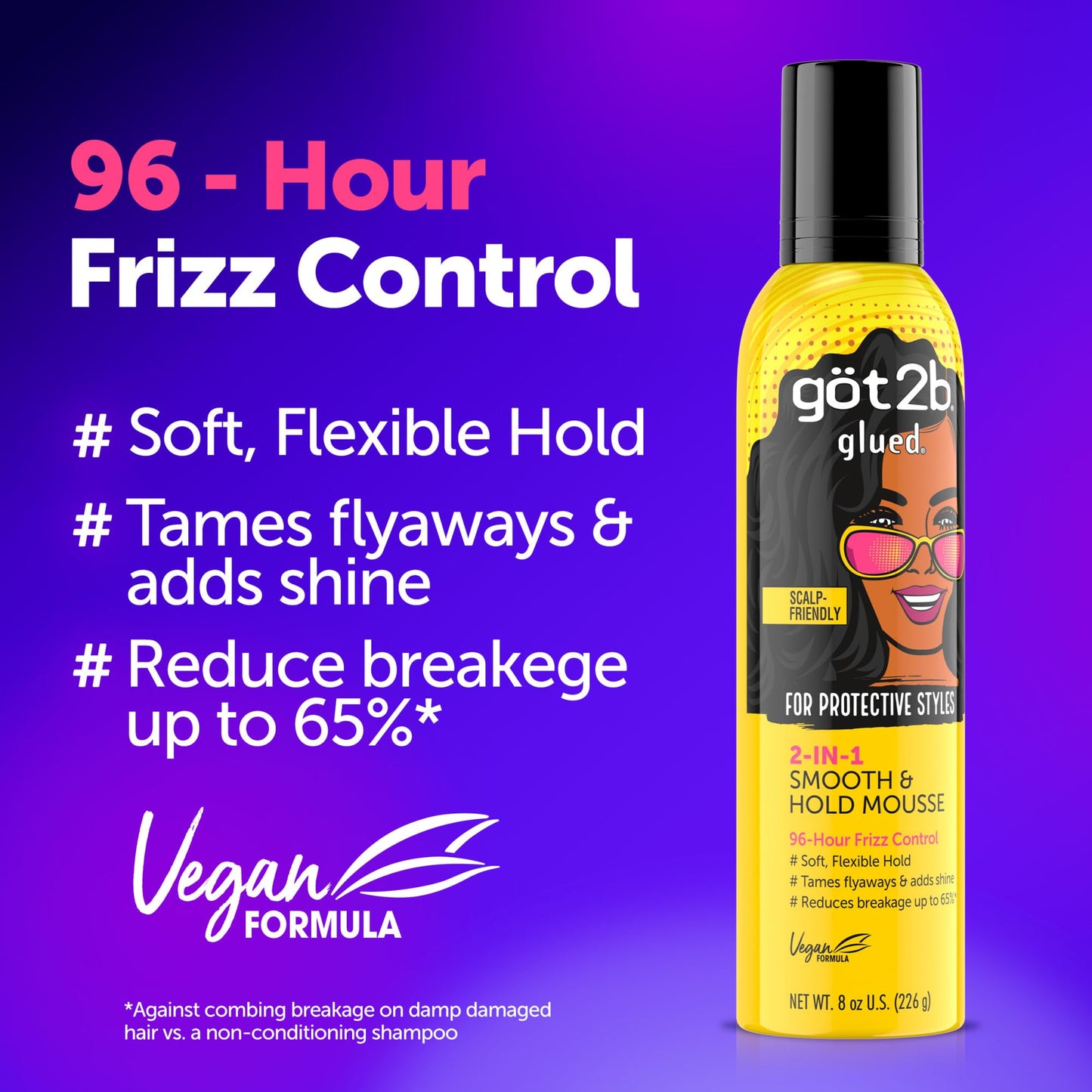 Got2b Glued 2-in-1 Smooth & Hold Hair Mousse, 8 Fl Oz, 96 Hour Frizz Control & Soft Flexible Hold for Wigs, Braids and Curls, No Stickiness Beauty & Personal Care Got2B