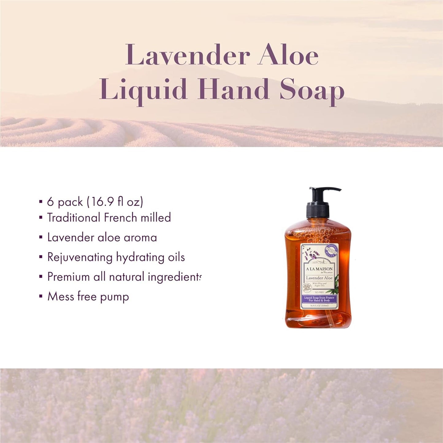 A LA MAISON Lavender Aloe Natural Hand Wash Made with Essential Oils - Biodegradable, Plant-Based, Vegan, Cruelty-Free 16.90 Fl Oz (Pack of 6) Beauty & Personal Care A LA MAISON