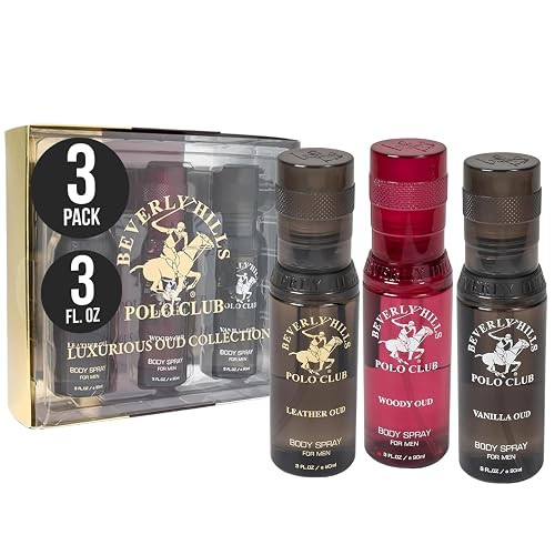 Beverly Hills Polo Club Mens Body Spray Gift Set - 3pc Collection of Oud Fragrances (Vanilla, Leather & Woody) in Sleek 3oz Bottles - Long-Lasting Beauty & Personal Care Beverly Hills Polo Club