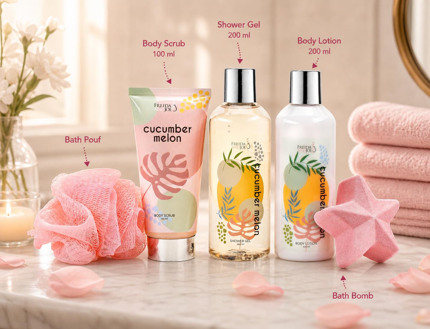Fragrance Bath & Body Collection Gift Box, Includes Shower Gel, Body Lotion, Body Scrub, Bath Bomb & Sponge (Cucumber Melon) Beauty and Personal Care Freida and Joe