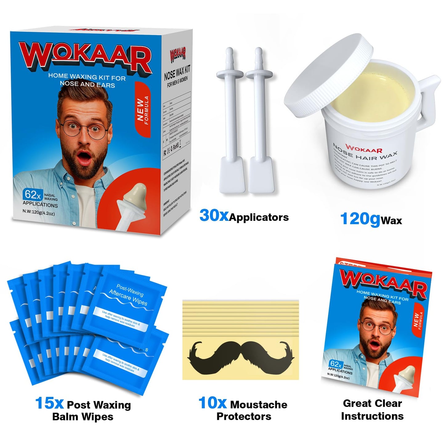 Wokaar Max Value Nose Wax Kit - 120g Wax, 30 Applicators - Painless Nasal & Ear Hair Removal for Men & Women - Includes 15 Balm Wipes & 10 Mustache Beauty and Personal Care Wokaar