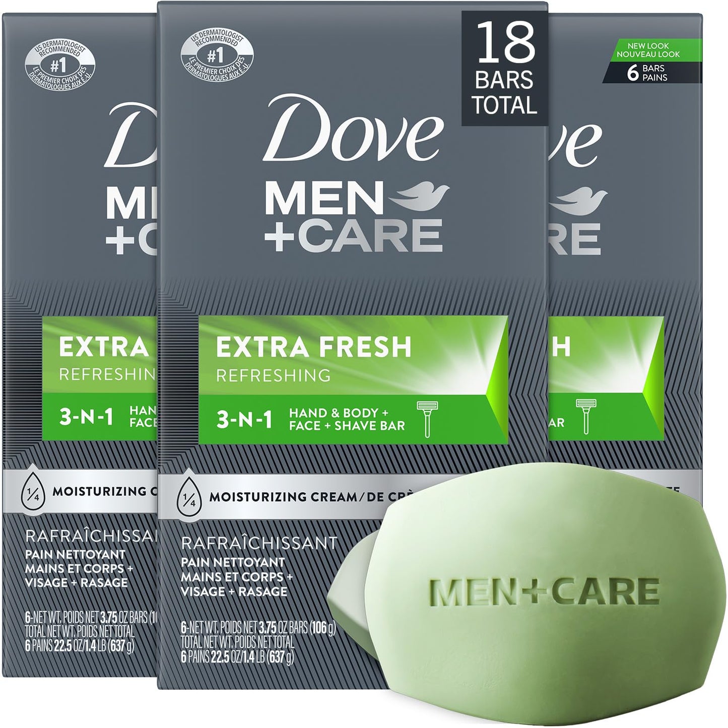 Dove Men+Care Soap Bar, Extra Fresh Scent 3-Pack (18 Bars) - Hydrating 3-in-1 Body, Hand, and Face Cleanser for Men, 22.5 Oz Ea Beauty & Personal Care Dove