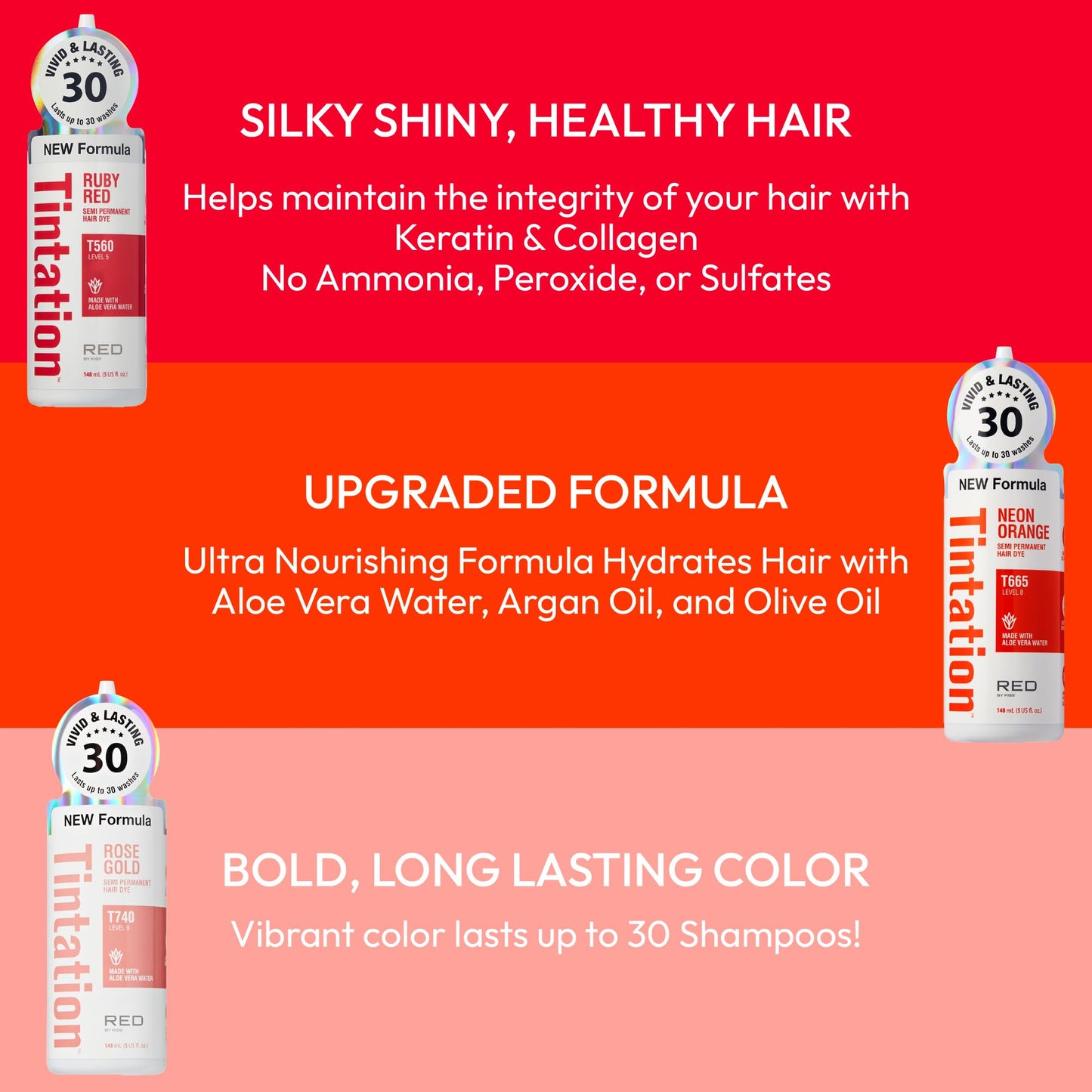 Red by Kiss Tintation Semi-Permanent Hair Color, Aloe Vera Water Based, Argan Oil, Olive Oil, Collagen & Keratin, Long-Lasting Color Dye (Rose Gold, 2 Beauty & Personal Care Red by Kiss