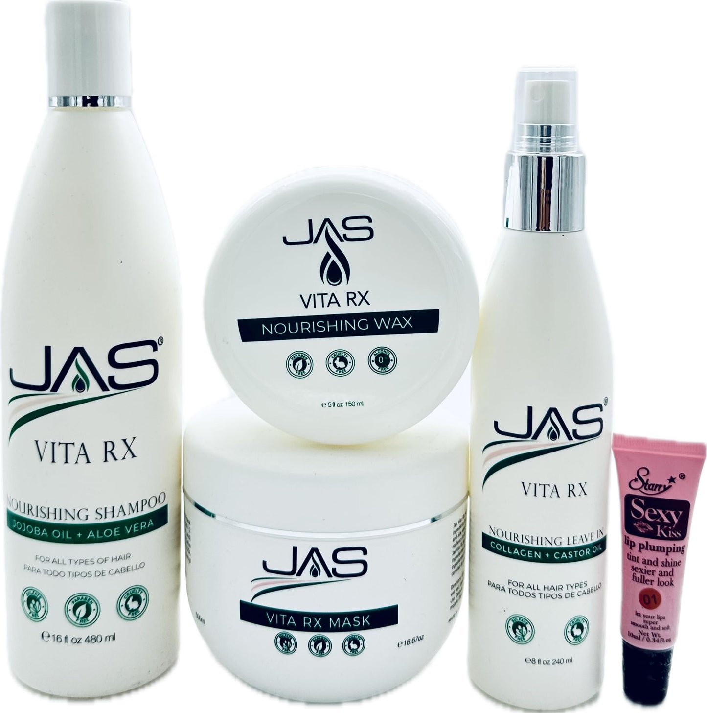 JAS Vita Rx Nourishing Shampoo 16 Oz, Conditioner 16 Oz & Hydrating Leave In with Jojoba Oil + Aloe Vera 8 Oz + Vita RX Wax 4 oz "Free Lip Plumping Beauty & Personal Care JAS Systems