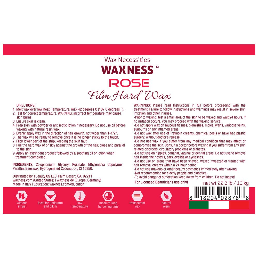 Waxness Film Hard Wax Beads Rose 22 lb (10 kg) - Stripless Professional Hard Wax Bulk Size for Face & Body, Salon Use - Made in Italy Beauty and Personal Care Waxness