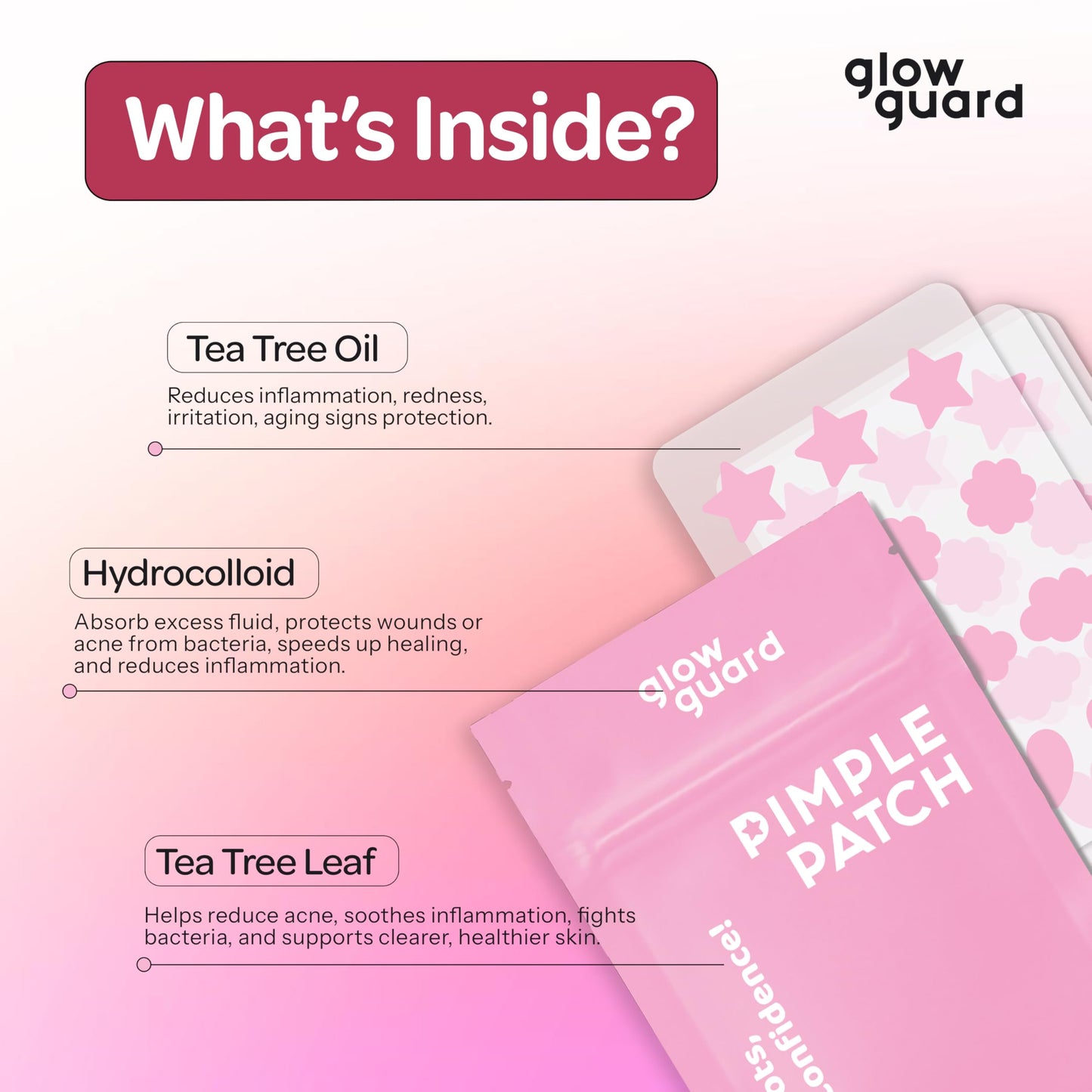Glow Guard Pimple Patches with Hydrocolloid & Tea Tree Oil - Korean Skin Care, Dermatologist Tested - Absorbs Impurities, Reduces Redness - Vegan Beauty & Personal Care Glow Guard