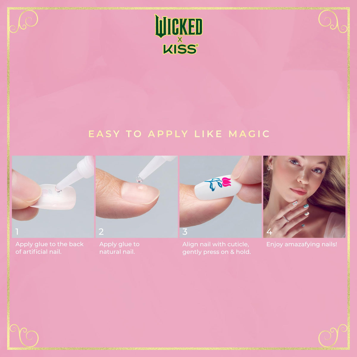 WICKED X KISS Press On Nails, ‘Ozdust’, Light Purple, Short Oval, Waterproof, Chip Proof, Smudge Proof, 28 Fake Nails, Pink Gel Nail Glue (2g), Mini