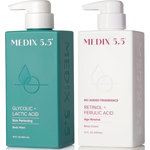 MEDIX Exfoliating Glycolic Acid Body Wash & Face Wash + Fragrance Free Retinol Body Lotion Skin Care Set | Crepey Skin Care Treatment | Lactic Acid Beauty & Personal Care Medix 5.5