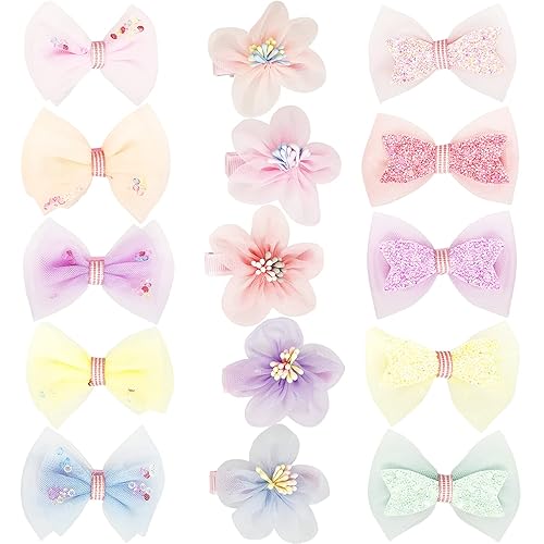Tulle Glitter Hair Bows for Girls, BETITETO 15 Pieces Cute Handmade Flower Rhinestone Alligator Hair Clips Non-slip for kids Women Beauty & Personal Care BETITETO