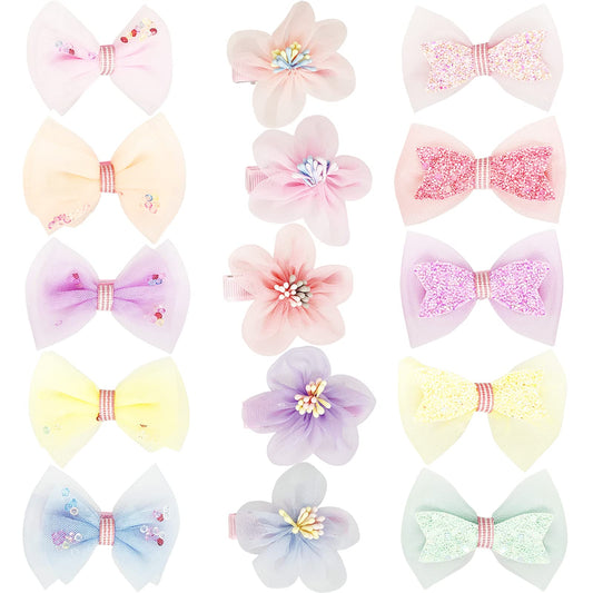 Tulle Glitter Hair Bows for Girls, BETITETO 15 Pieces Cute Handmade Flower Rhinestone Alligator Hair Clips Non-slip for kids Women Beauty & Personal Care BETITETO