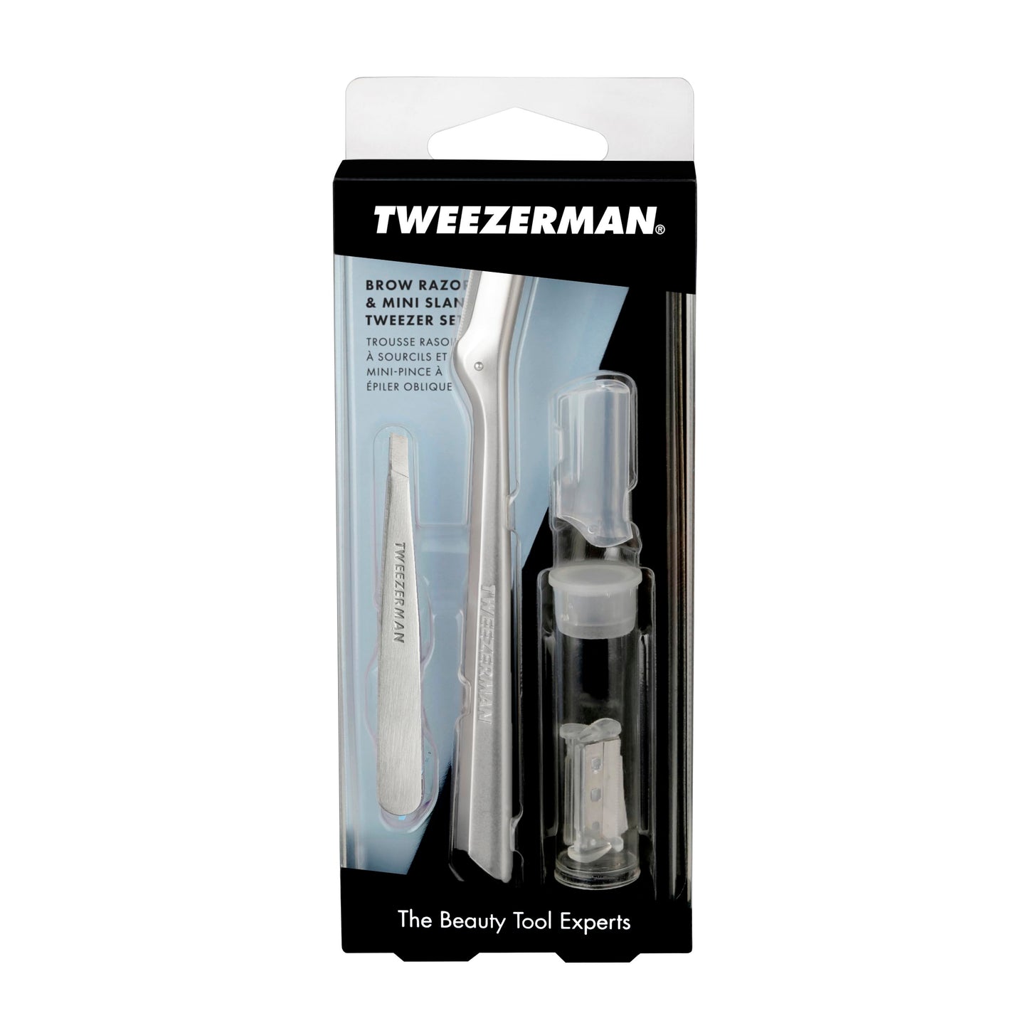 Tweezerman Eyebrow Razor and Mini Tweezer Set with 3 Replacement Blades and Safety Cap (Stainless Steel) Beauty and Personal Care Tweezerman