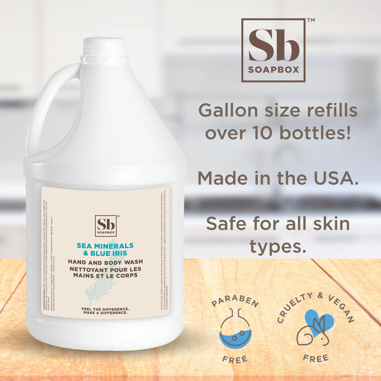 Soapbox Liquid Hand Soap & Body Wash, Sea Minerals & Blue Iris - Gentle, Moisturizing Hand & Body Cleanser, Vegan, Cruelty Free Hand Soap Refill Beauty & Personal Care Soapbox