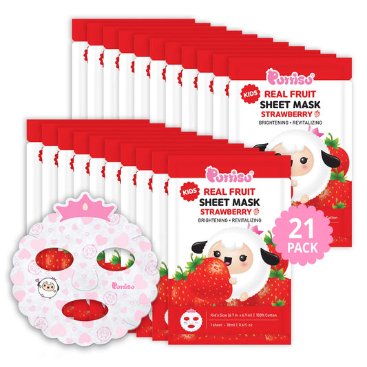 Puttisu Real Fruit Facial Mask Sheet for Kids, Children - Made with 100% Cotton, Moisturize, Sooths and Hydrates Skin (Strawberry - Pack of 21)