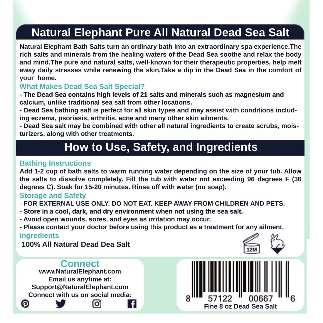 Natural Elephant Dead Sea Bath Salt - 8oz Travel Size - 100% Natural and Pure - Fine Grain - Ideal for Baths and Soaks Beauty and Personal Care Natural Elephant