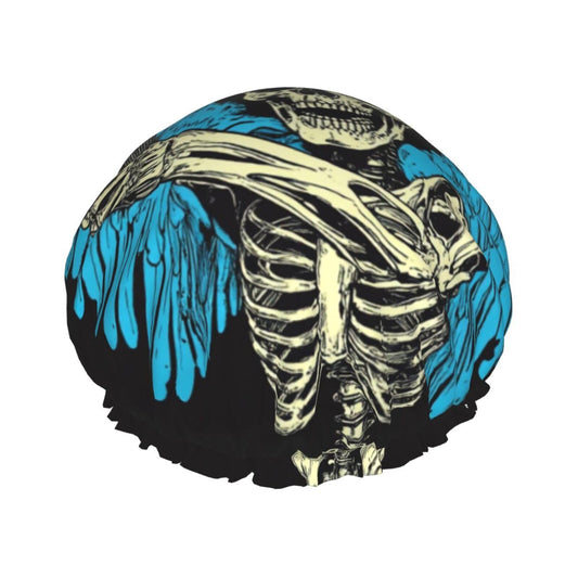 Skeleton Angel With Blue Wings Prints Shower Cap Double Layer Lined Waterproof Bathing Shower Hat Beauty and Personal Care Gjieliness