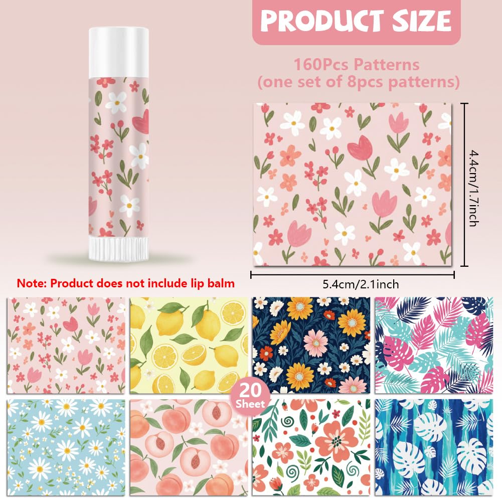 Peacoblue 160Pcs Lip Balm Labels Sticker for Tubes 2.1"x1.7" Solid Floral Fruit Pattern, 8 Styles Waterproof Chapstick Labels Glossy for Homemade Lip Beauty and Personal Care peacoblue