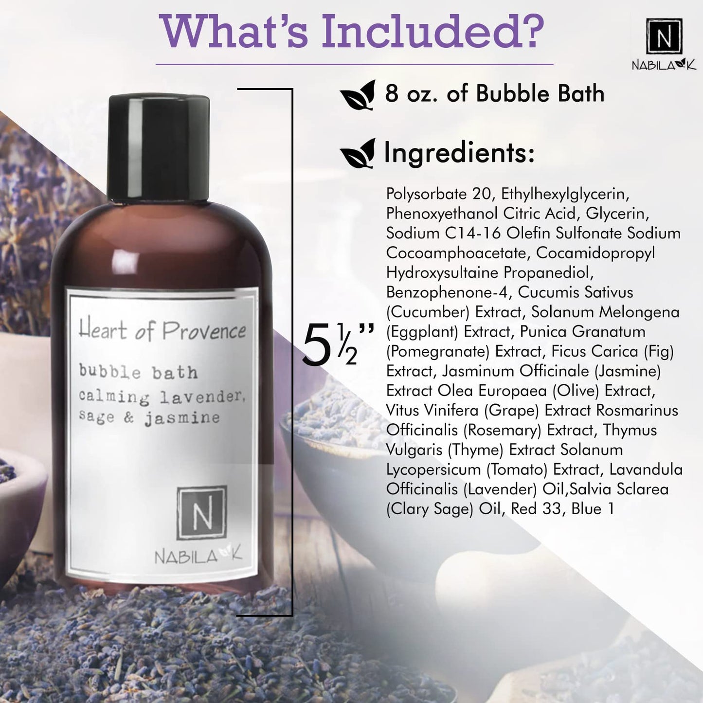 Nabila K Heart of Provence Bubble Bath with Lavender, Sage & Jasmine - Natural & Organic, Sulfate-Free, Tear-Free - Luxury Aromatherapy Bath Soak Beauty and Personal Care Nabila K