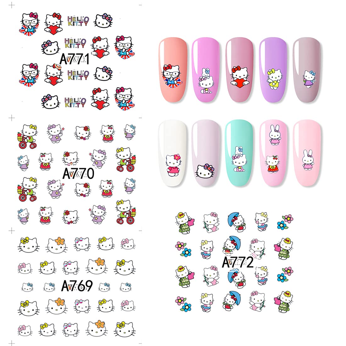 Cute Kawaii Cat Cartoon Nail Stickers Self-Adhesive Nail Decals for Women Girls Kids Nail Art Stickers (12 Sheets) Beauty & Personal Care Emifunny