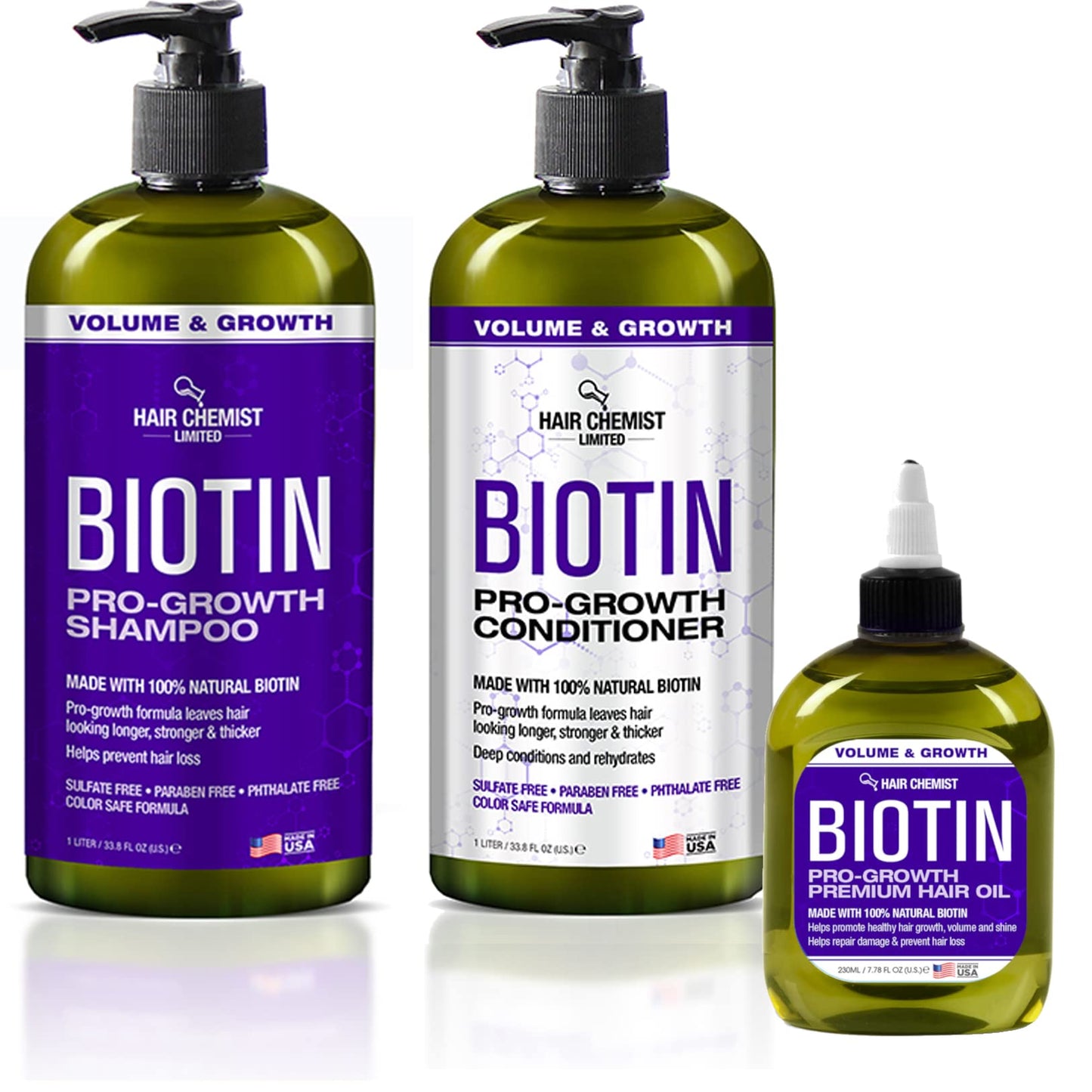Hair Chemist Biotin Pro-Growth 3PC Hair Care Set - Includes 33.8oz Shampoo, 33.8oz Conditioner & 7.78oz Hair Oil Beauty & Personal Care Hair Chemist