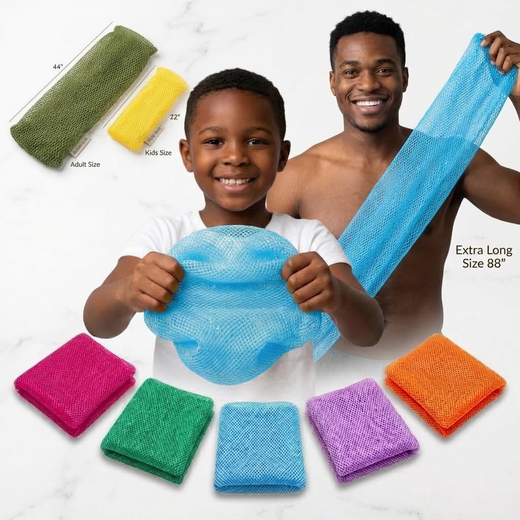 exfoliating Towel African net Sponge with Knots, Real, Long, exfoliating net Sponge with 22 Colors Available Made for Both Men and Women as a Hygiene Beauty and Personal Care AFRICANA BEAUTY