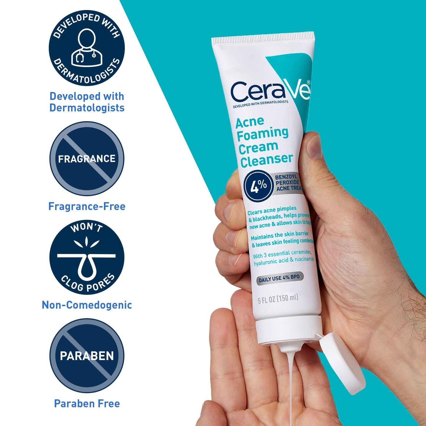 CeraVe Acne Foaming Cream Cleanser, 4% Benzoyl Peroxide Face Wash With Hyaluronic Acid, Niacinamide & Ceramides, Gentle Daily Acne Treatment For Face Beauty and Personal Care CeraVe