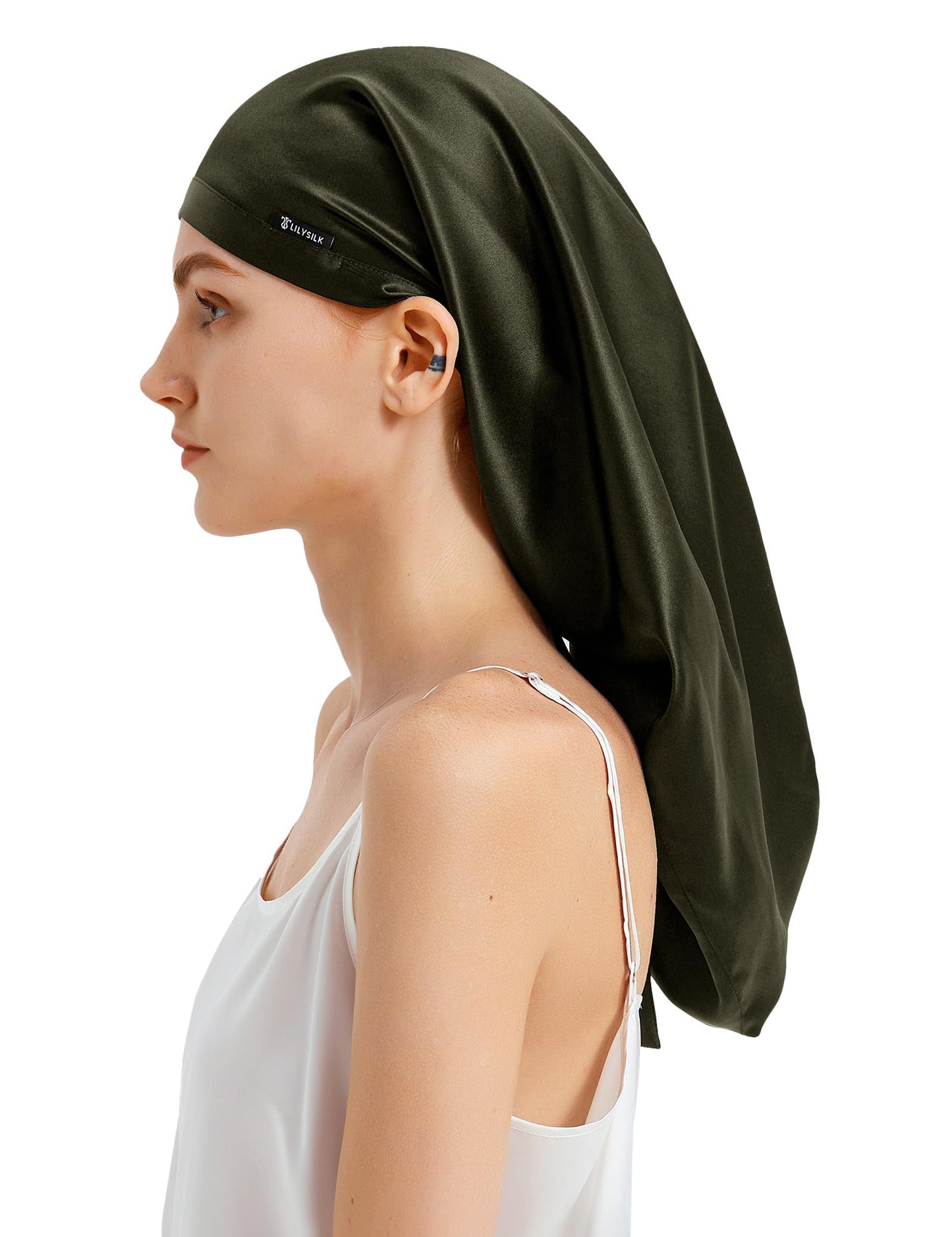 LilySilk 100% Silk Bonnet Mulberry 19 Momme Silk Sleep Cap Long for Curly Hair Night Cap for Sleeping, Silk Hair Wrap for Women Olive Green Beauty and Personal Care LilySilk