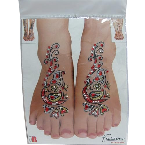 Indian Fashion Art Bollywood Feet Tattoo Sparkling Rhinestone Stick-On Reuseable Bindi (Red) Beauty & Personal Care Padma Craft
